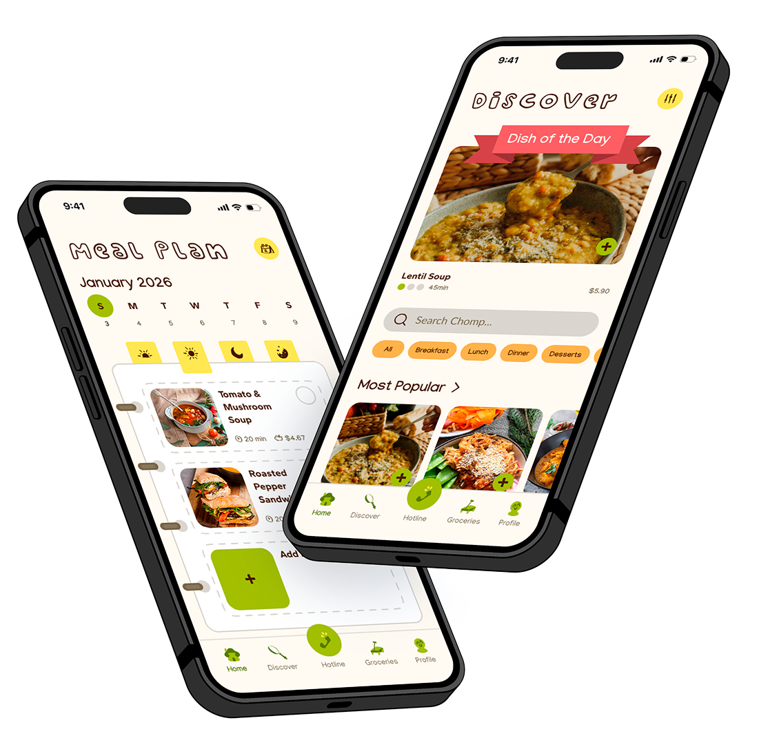 Chomp is a meal maker app, student UX & UI project that aims to equip recent graduates with culinary knowledge and build their confidence in the kitchen.